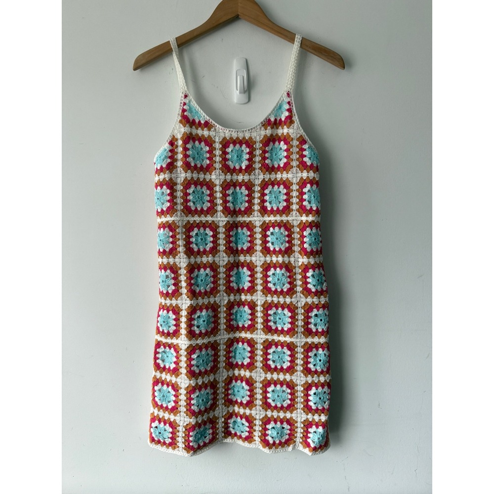 Willow & Wind Crochet Granny Square Mini Dress Pink Blue Small